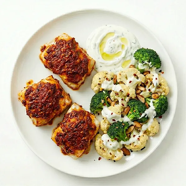 Spicy Harissa Fish with Dual Flowerets and Yogurt Drizzle